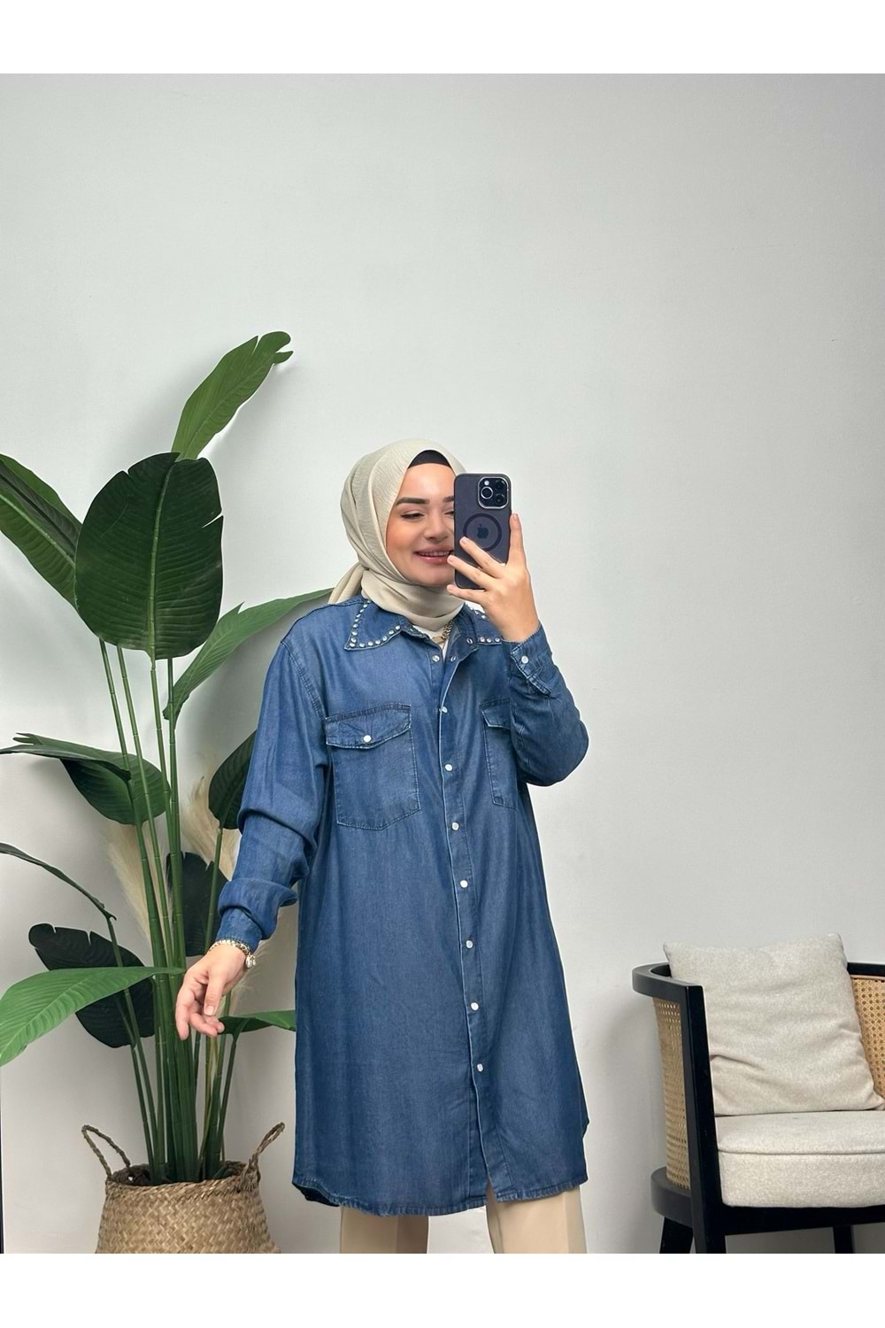 AKAY TAŞLI KOT GÖMLEK - MAVİ - 1