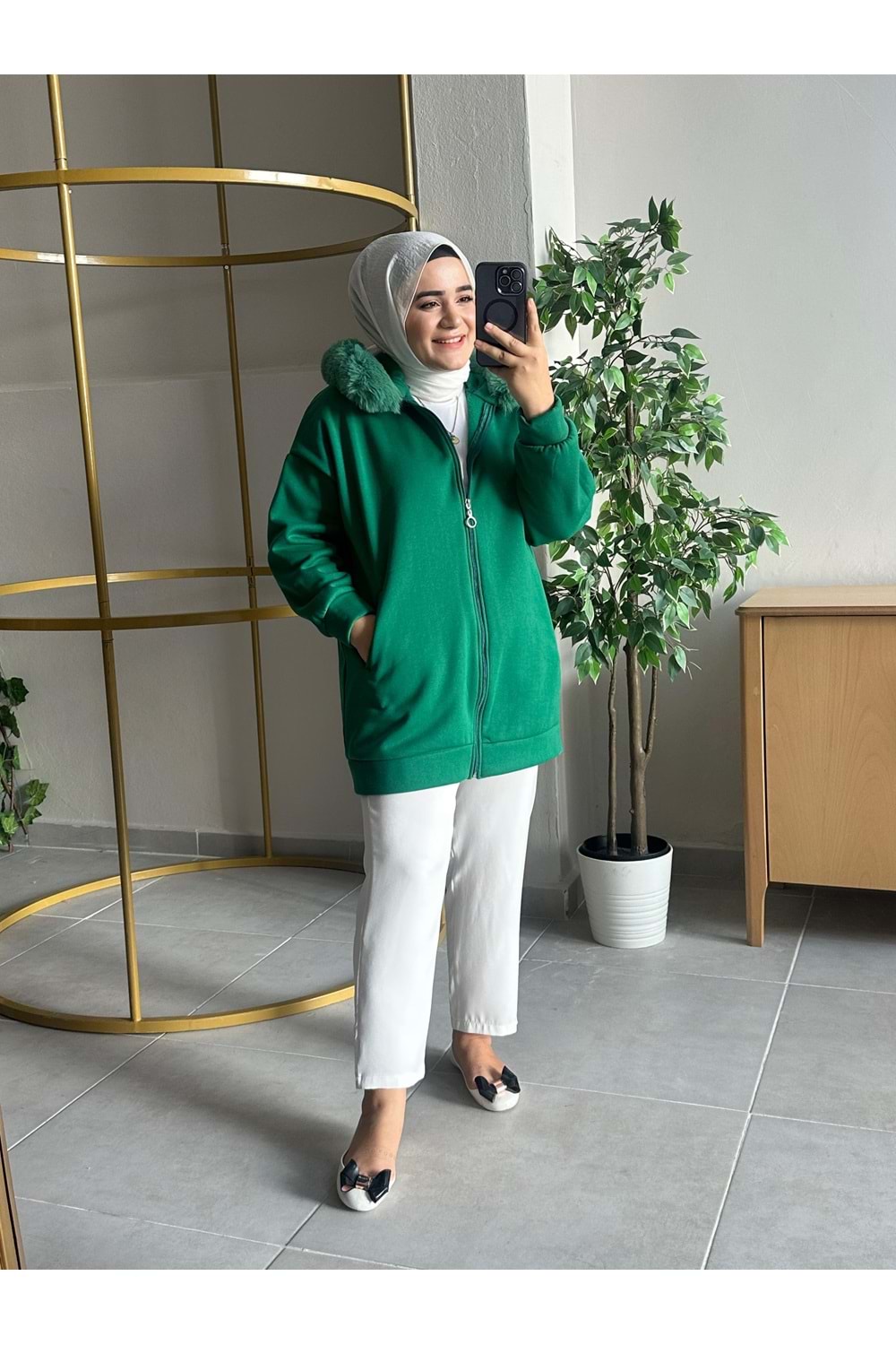 KÜRK DETAYLI SWEAT HIRKA - BENETTON YEŞİLİ - 1