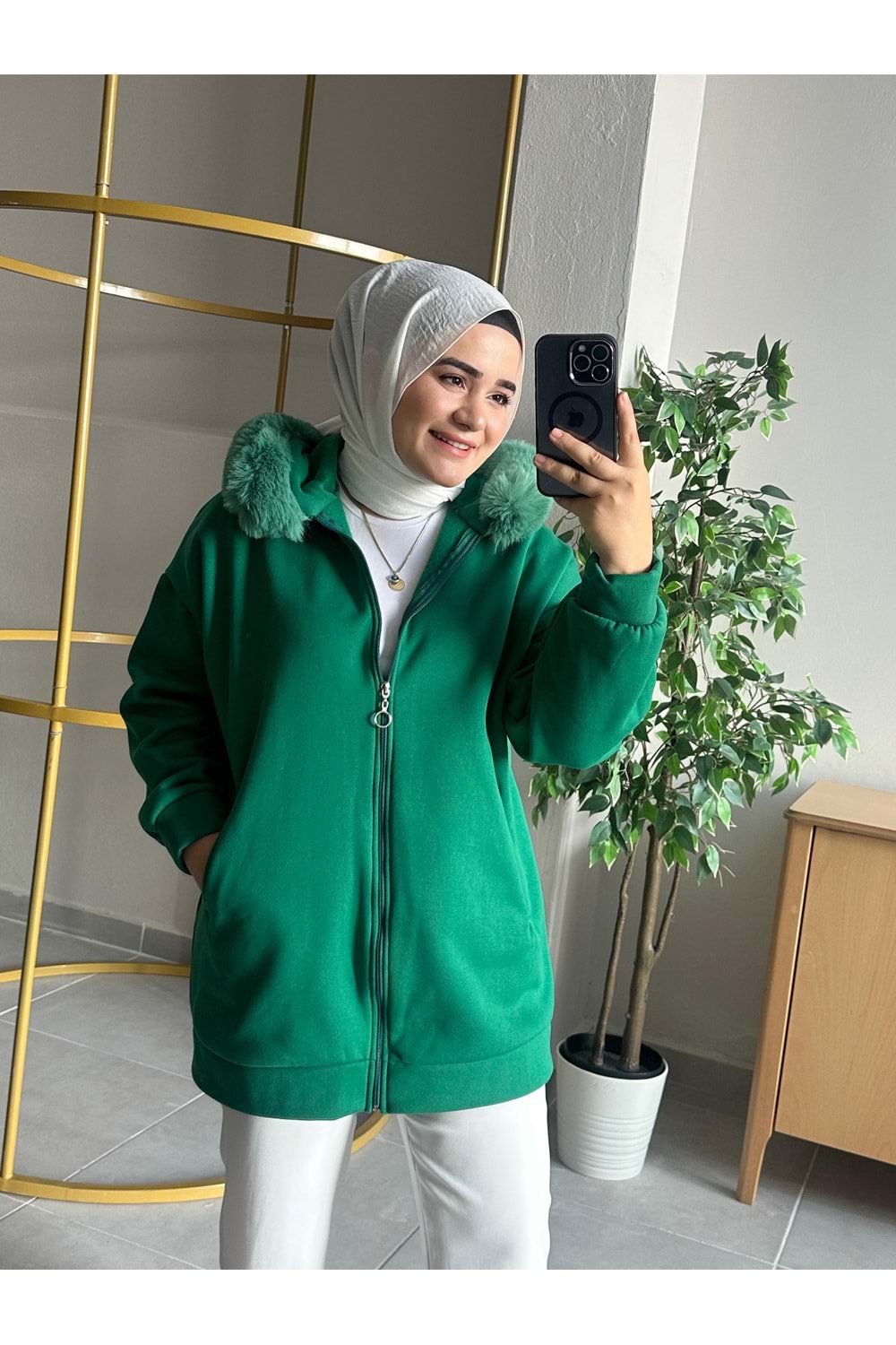 KÜRK DETAYLI SWEAT HIRKA - BENETTON YEŞİLİ - 1