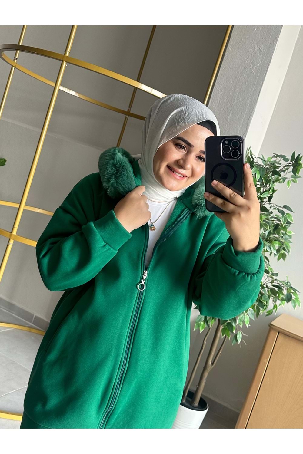 KÜRK DETAYLI SWEAT HIRKA - BENETTON YEŞİLİ - 1