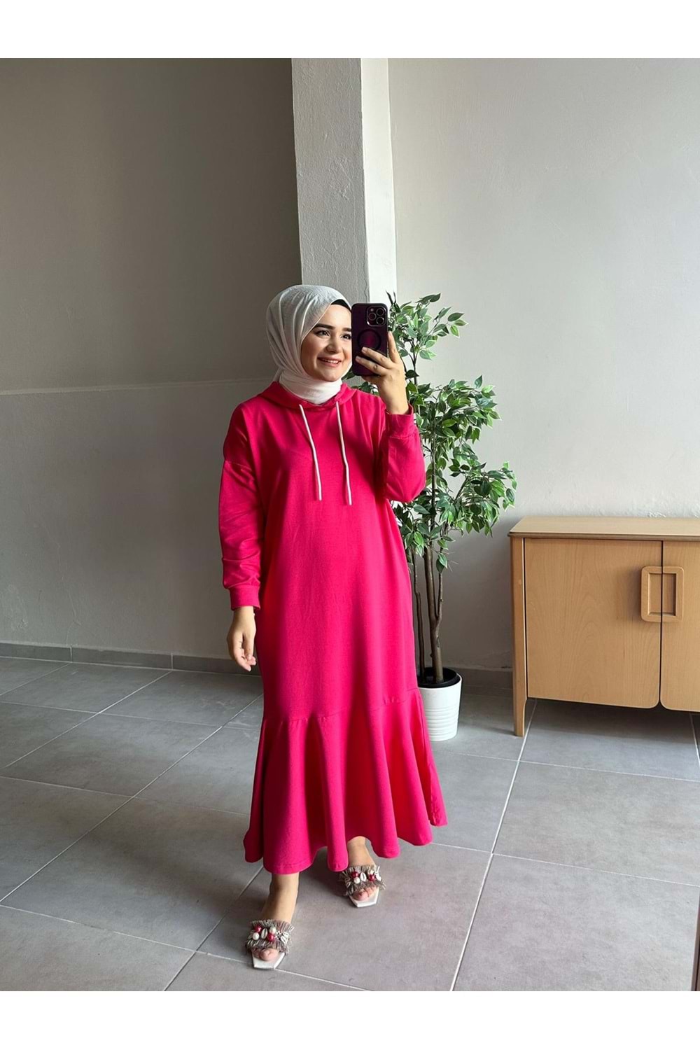 KAPŞONLU ELBİSE - FUŞYA - STD