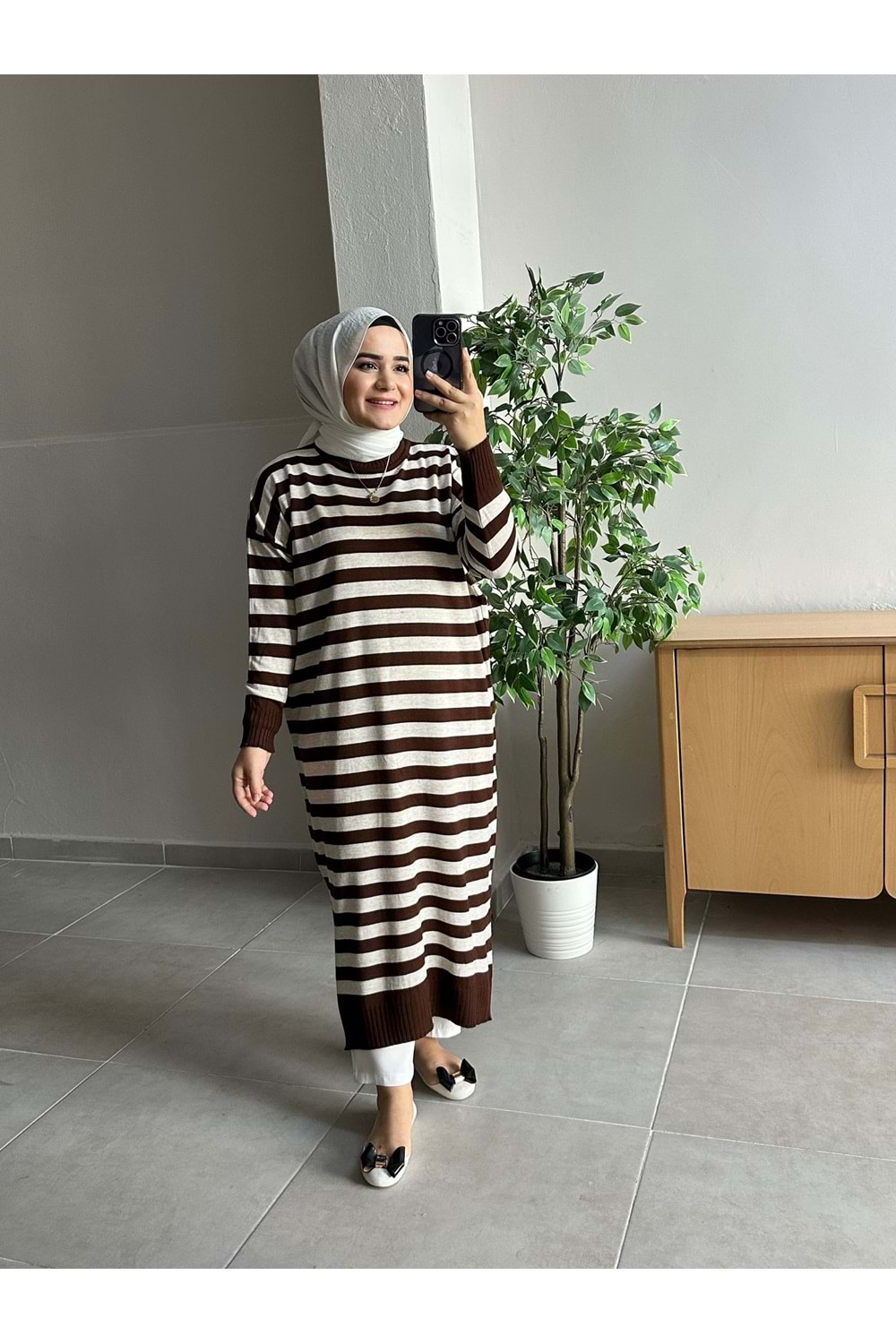 ÇİZGİLİ TRİKO TUNİK - KAHVE KREM - STD