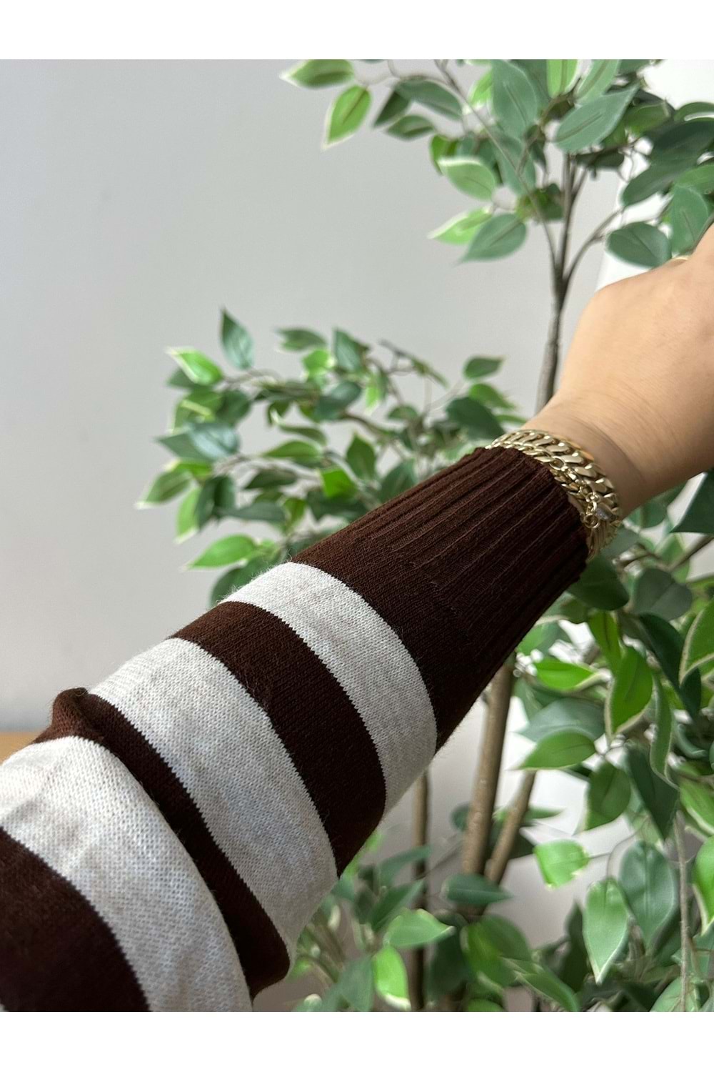 ÇİZGİLİ TRİKO TUNİK - KAHVE KREM - STD