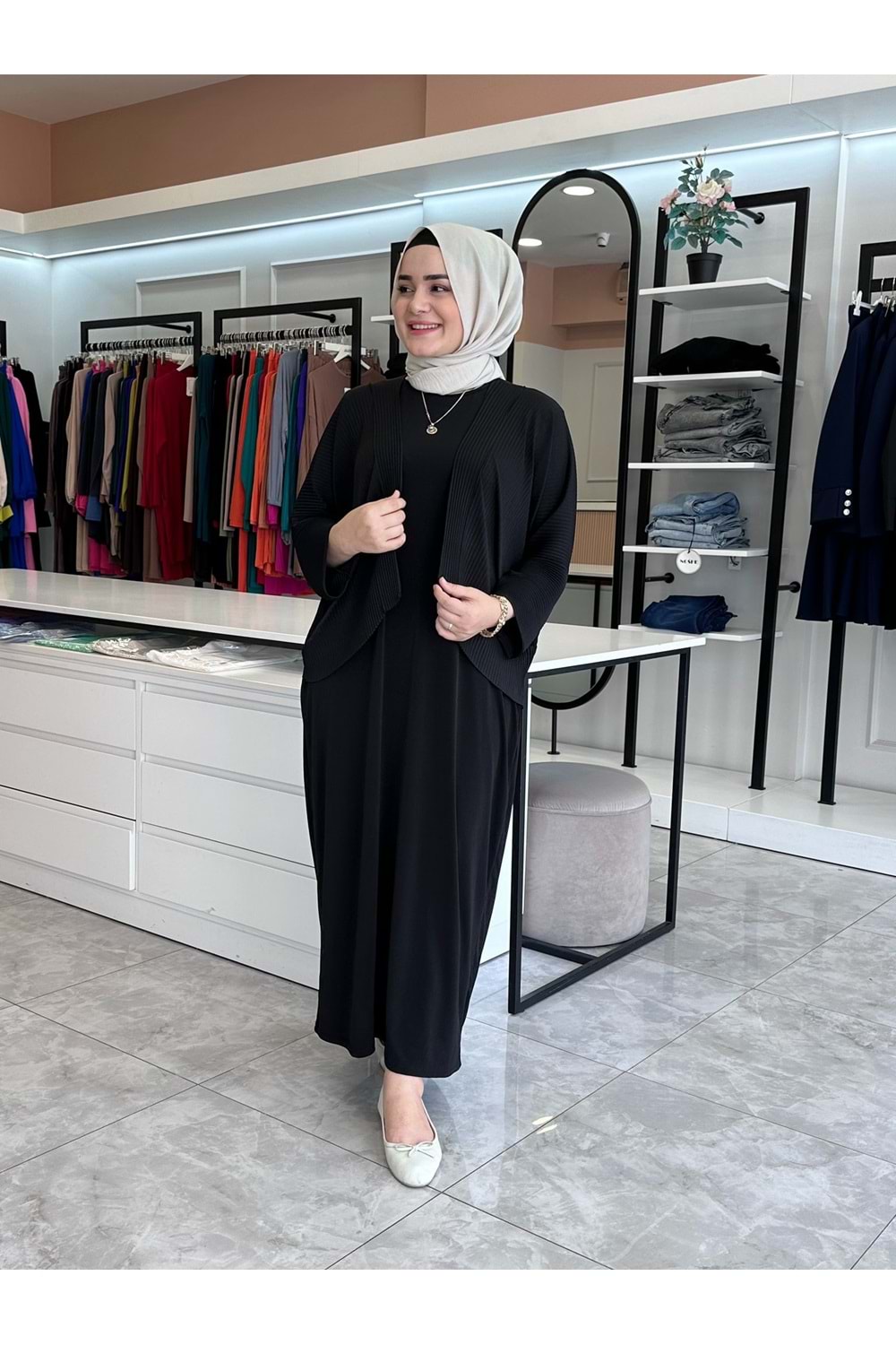 PLİSE İKİLİ SANDY ELBİSE - SİYAH - 1