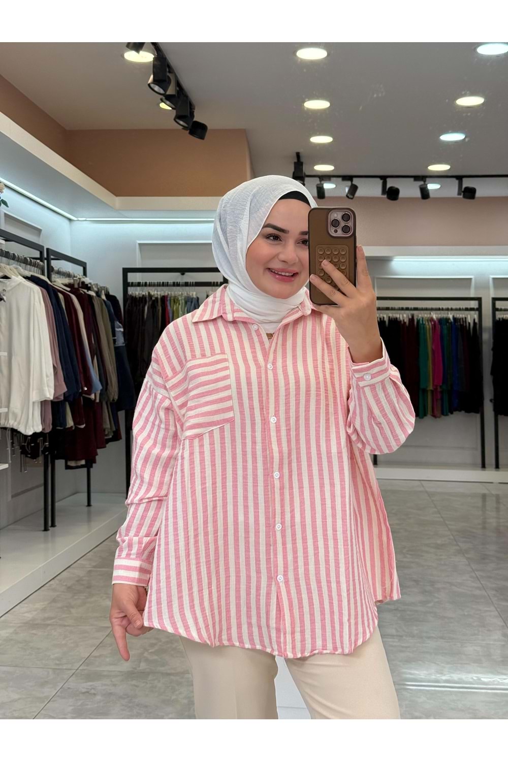 MÜSLİN ÇİZGİ GÖMLEK - PEMBE - STD
