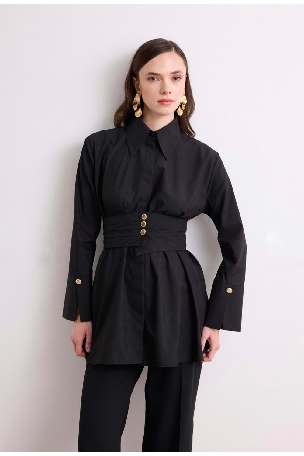 RİAN GENİŞ KEMERLİ GÖMLEK - SİYAH - 42