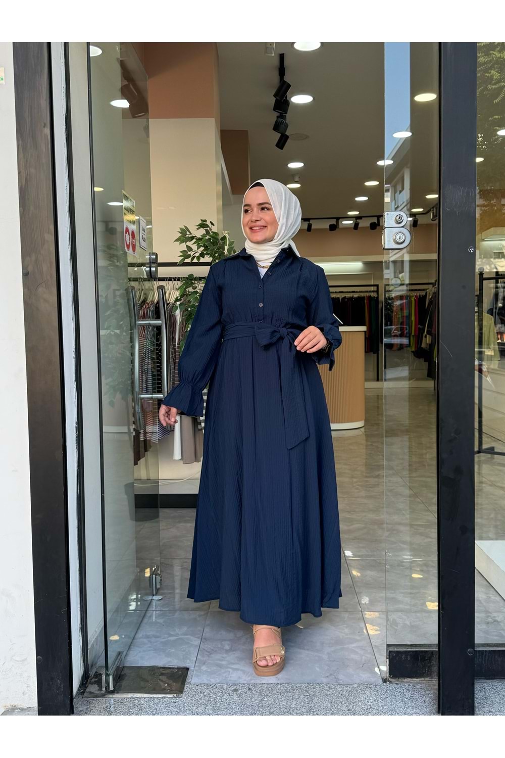 GÜLCE KUŞAKLI ELBİSE - LACİVERT - 2