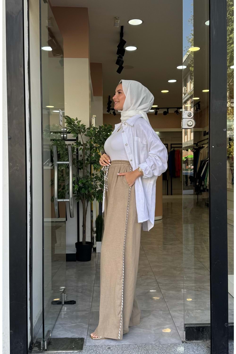 BİYE KETEN PANTOLON - CAMEL - M