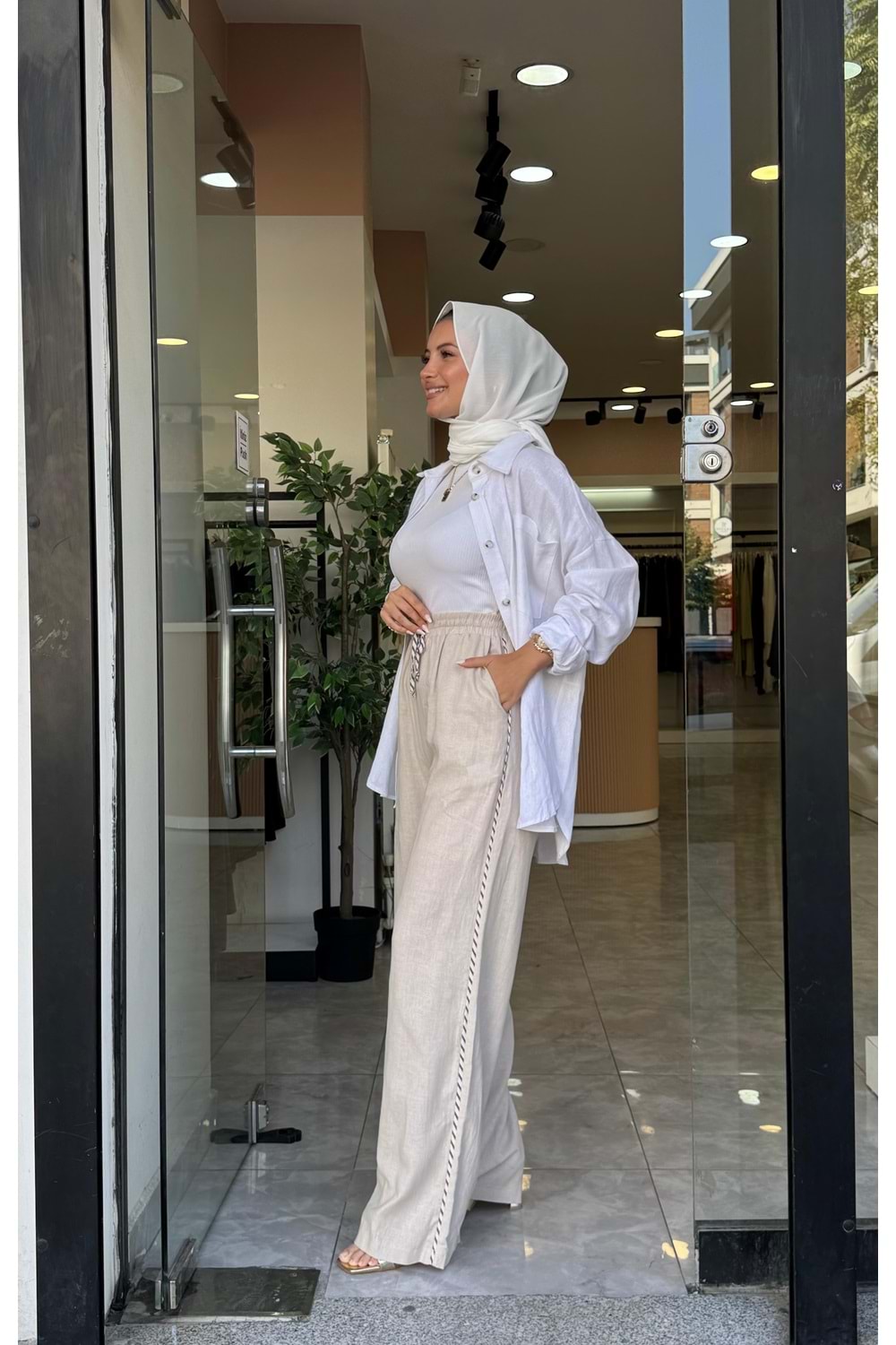 BİYE KETEN PANTOLON - KREM - M
