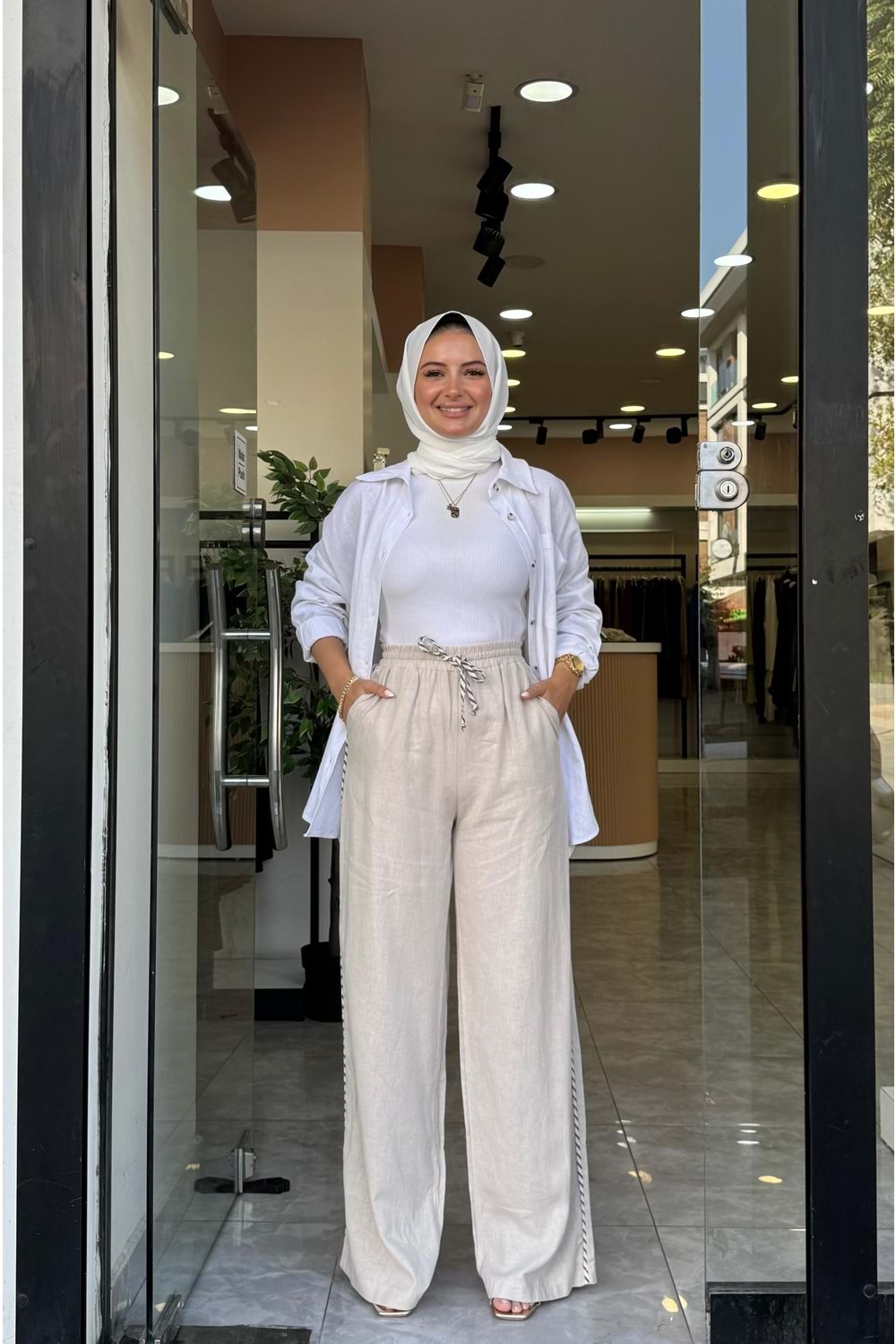 BİYE KETEN PANTOLON - KREM - L