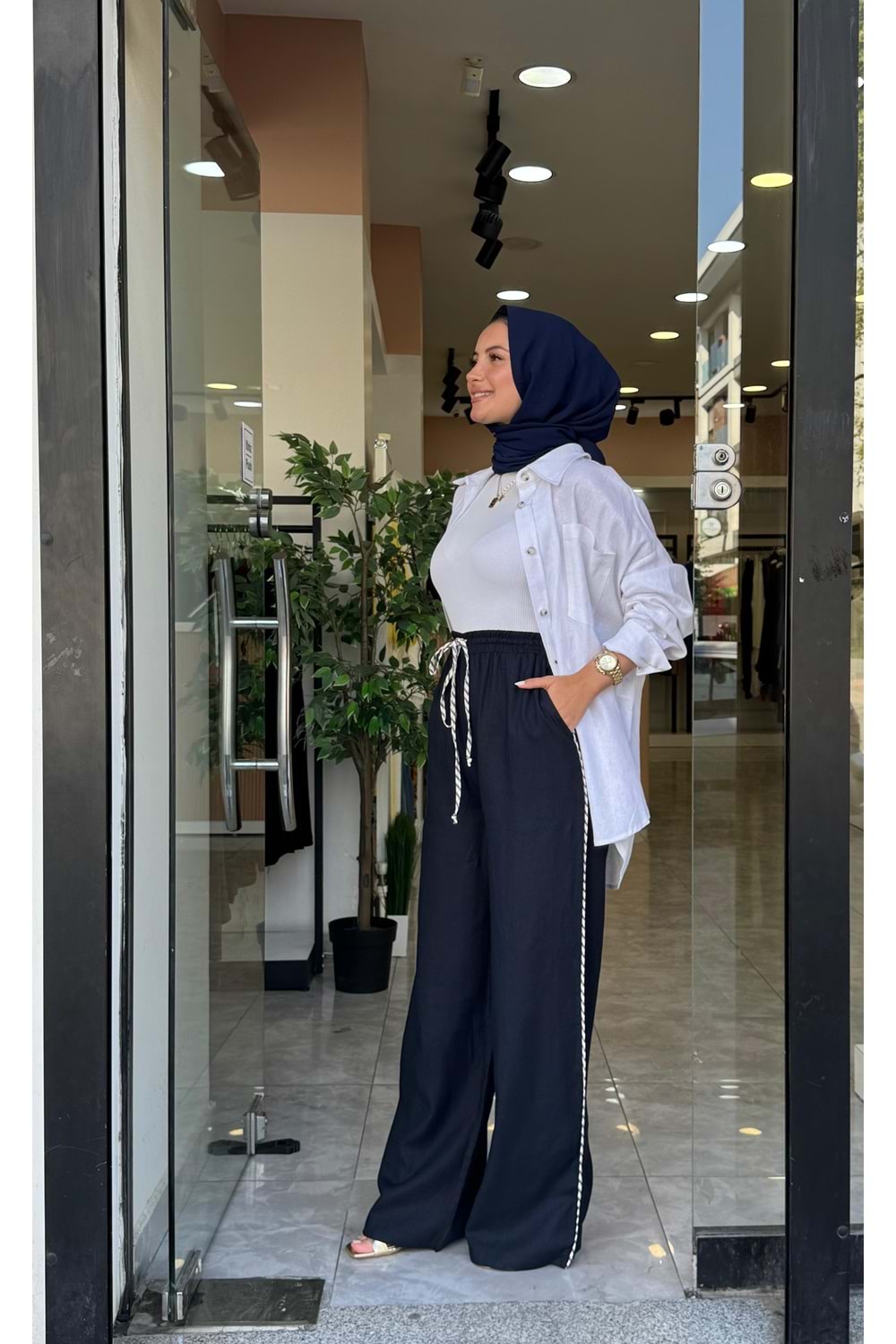 BİYE KETEN PANTOLON - LACİVERT - S