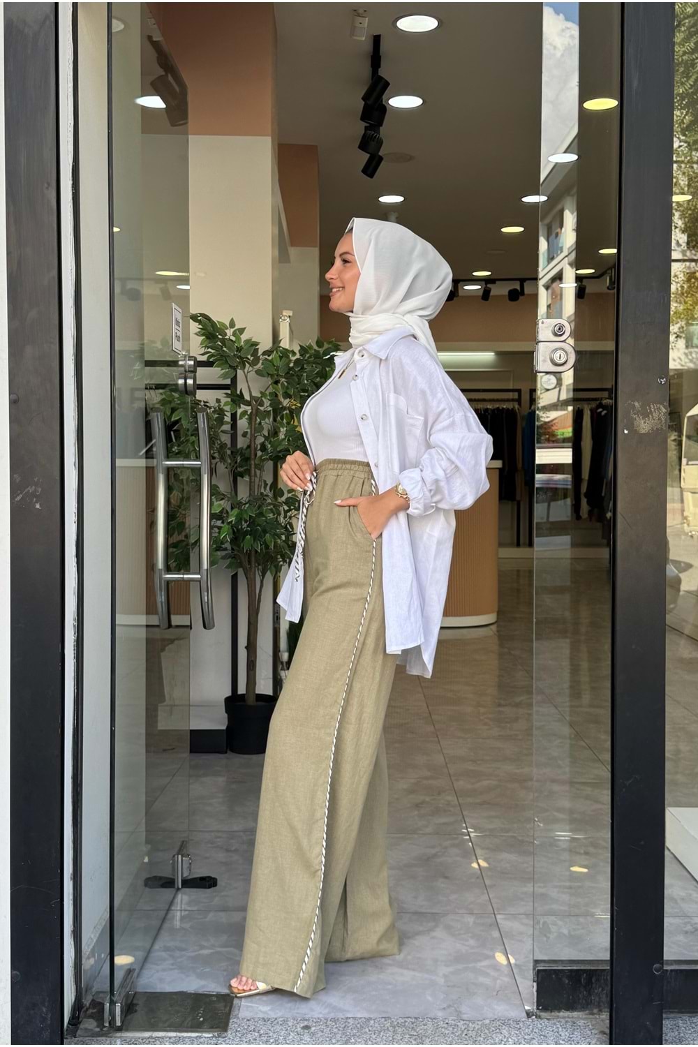 BİYE KETEN PANTOLON - YEŞİL - S