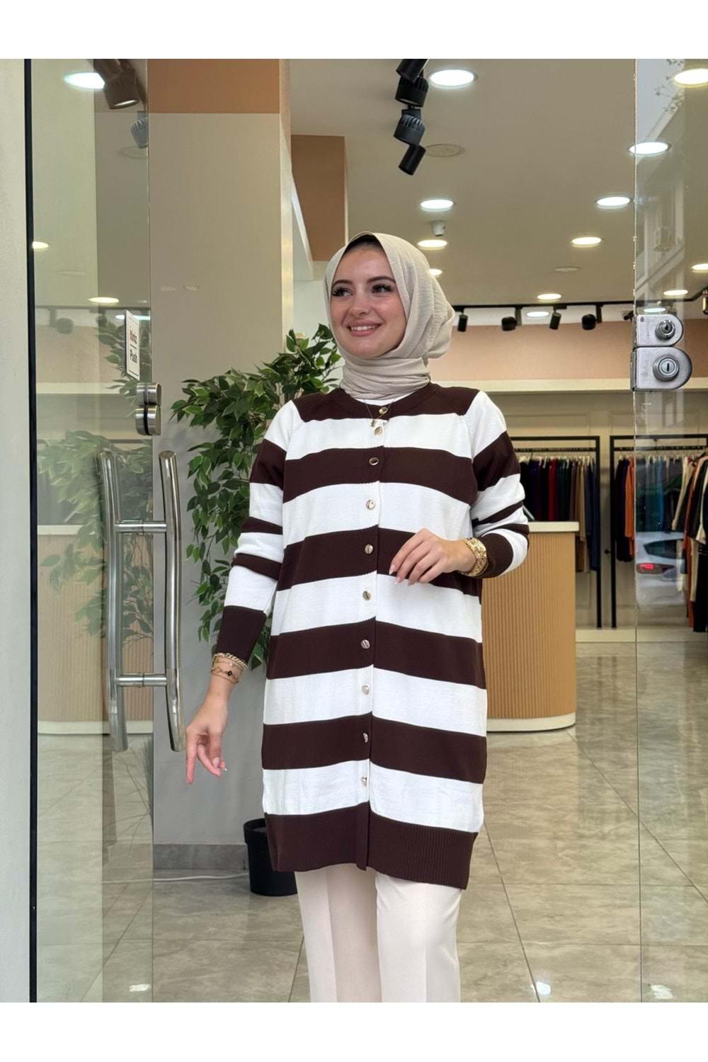 ÇİZGİLİ TRİKO HIRKA - KAHVERENGİ - STD