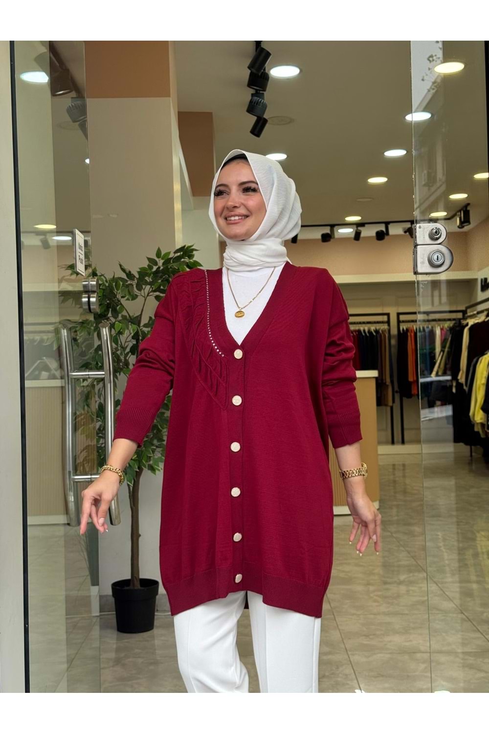 MERSERİZE BÜZGÜ DÜĞMELİ HIRKA - BORDO - STD