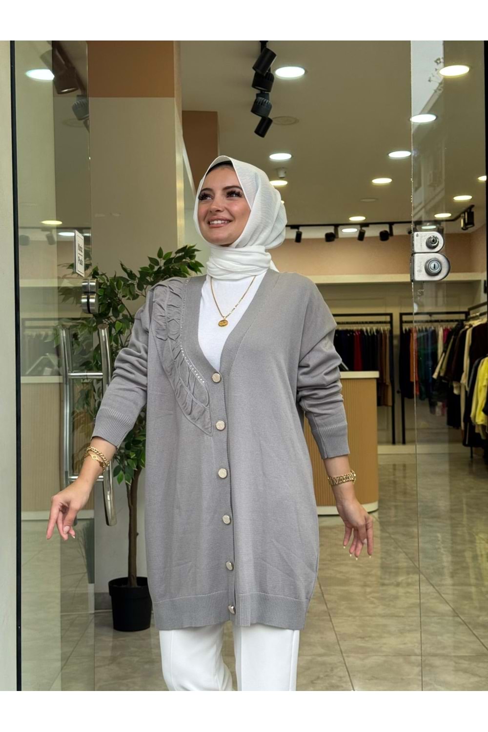 MERSERİZE BÜZGÜ DÜĞMELİ HIRKA - GRİ - STD