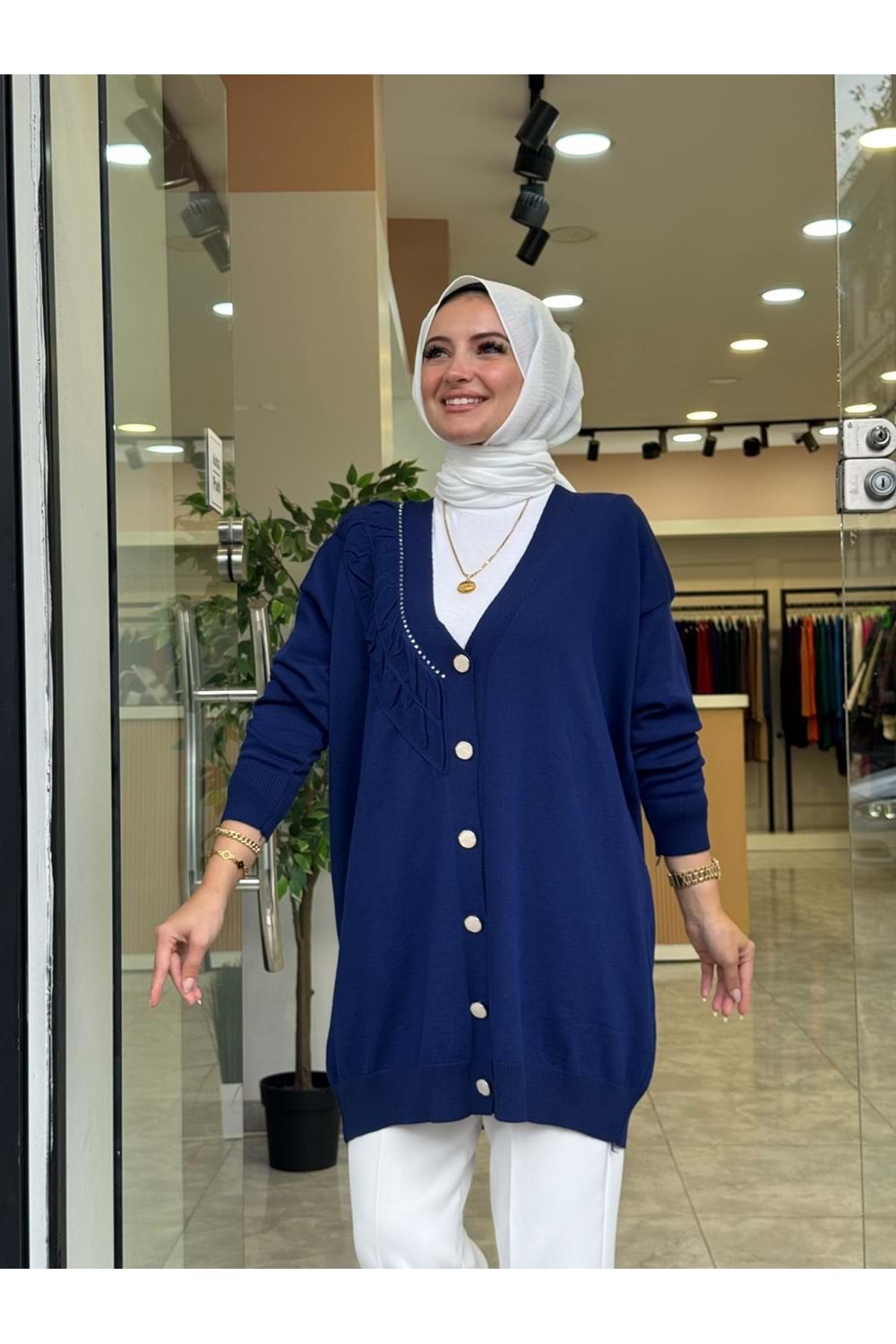 MERSERİZE BÜZGÜ DÜĞMELİ HIRKA - LACİVERT - STD