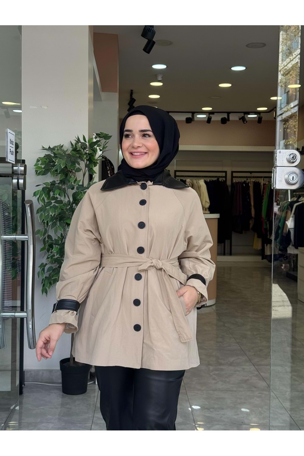 DERİ YAKA CEKET - KREM - 1