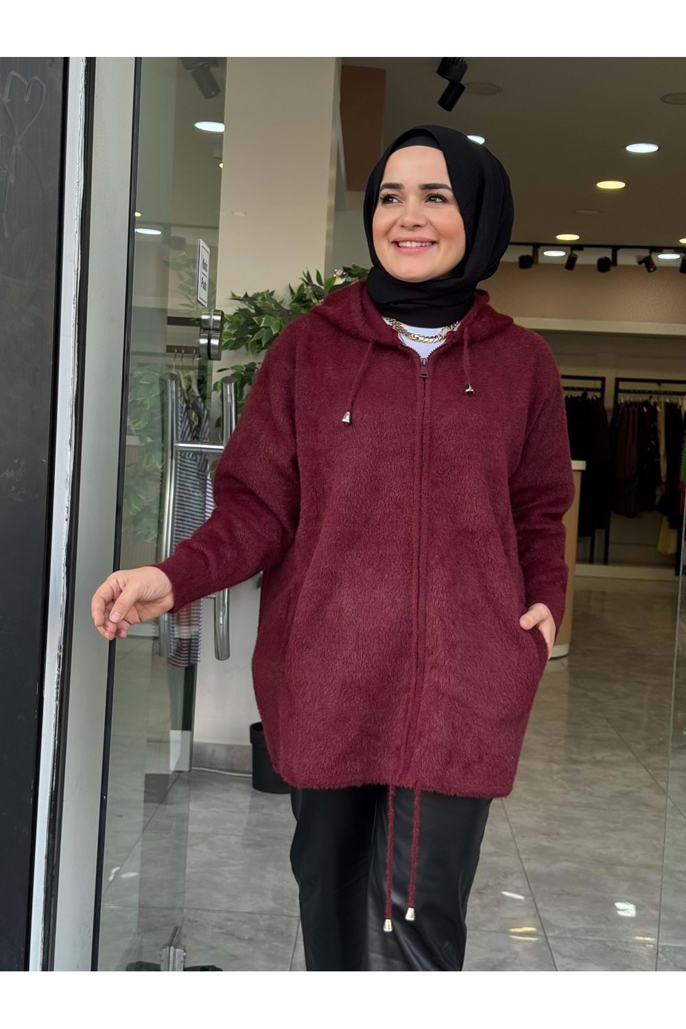 KAPÜŞONLU ANGORA HIRKA - BORDO - STD