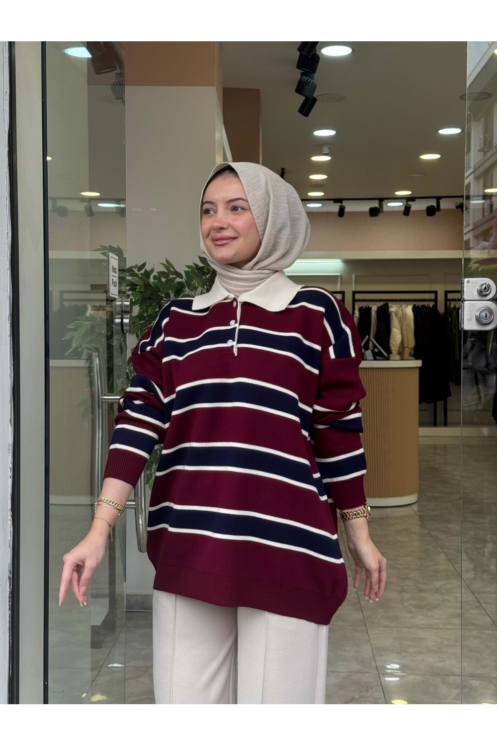 TRİKO İNCE ÇİZGİ KAZAK - BORDO - STD