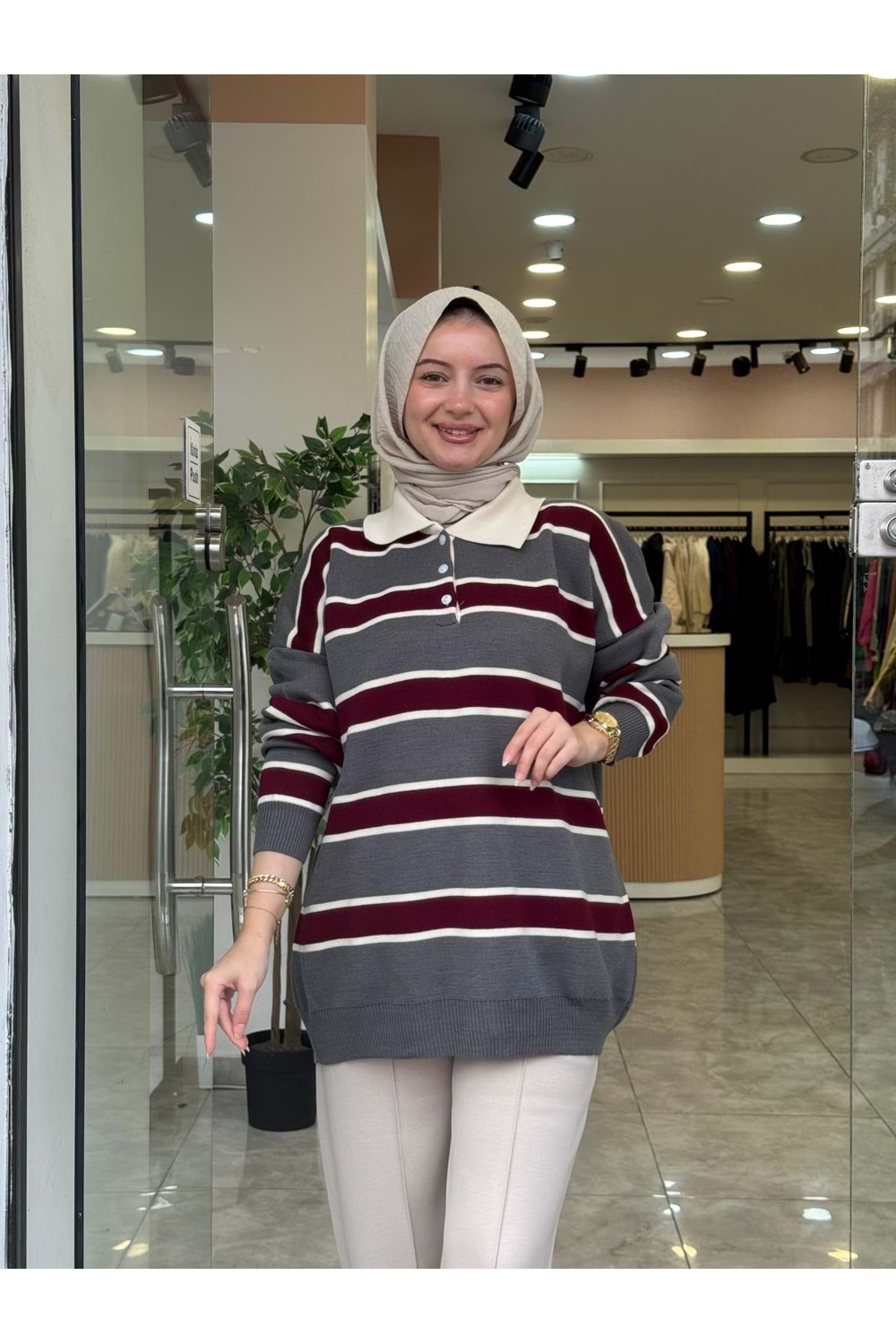 TRİKO İNCE ÇİZGİ KAZAK - GRİ - STD