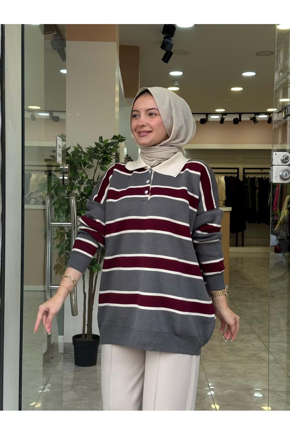 TRİKO İNCE ÇİZGİ KAZAK - GRİ - STD