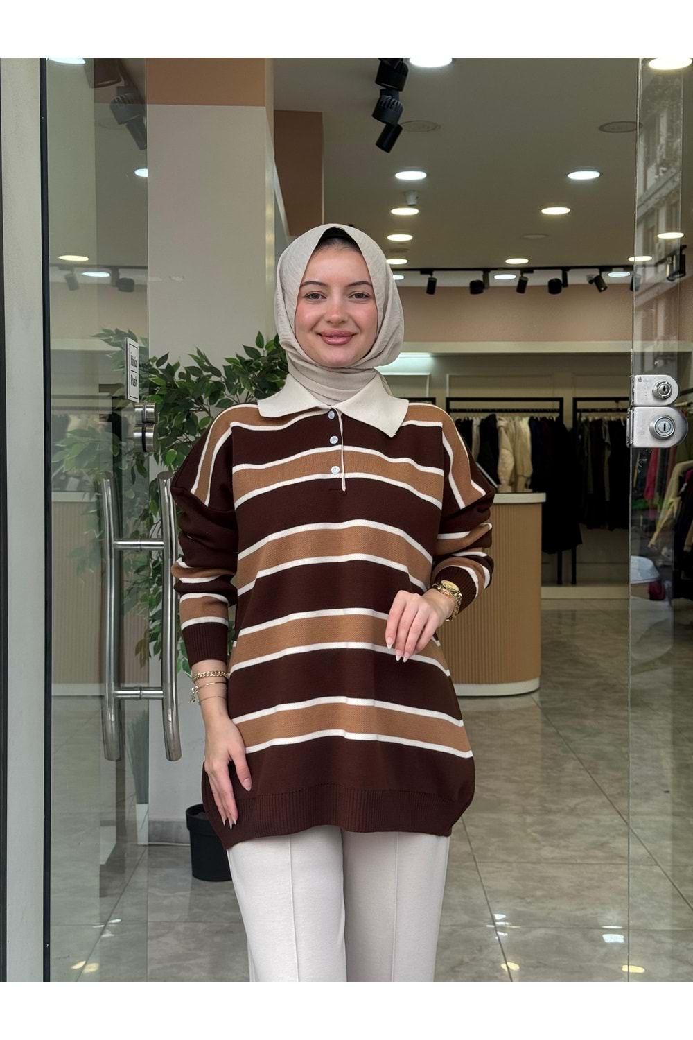 TRİKO İNCE ÇİZGİ KAZAK - KAHVERENGİ - STD