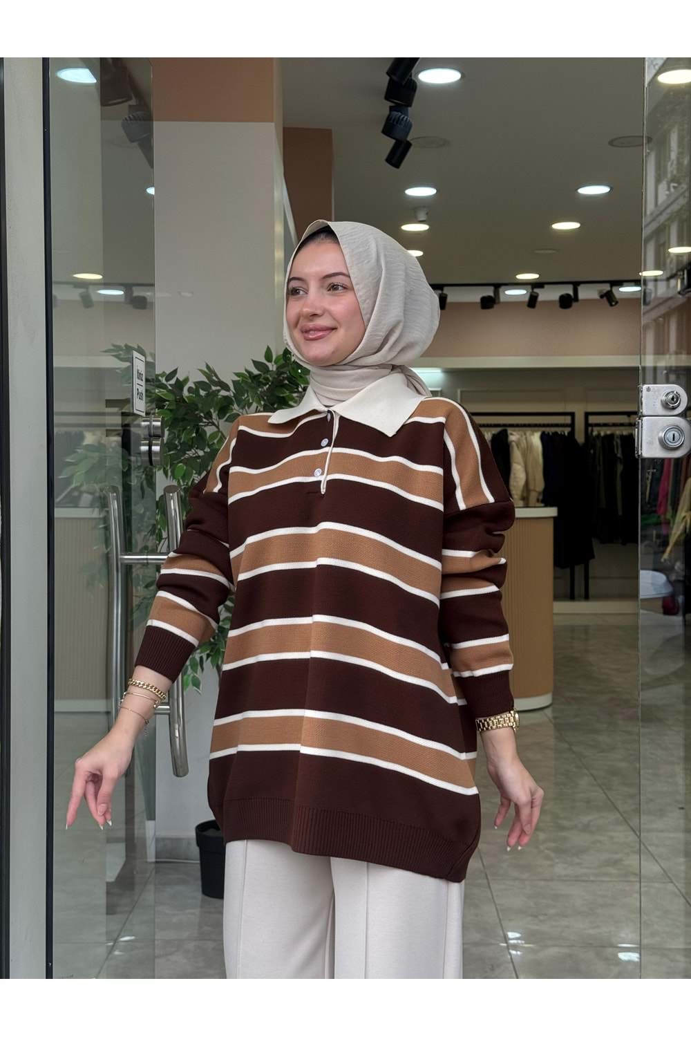 TRİKO İNCE ÇİZGİ KAZAK - KAHVERENGİ - STD