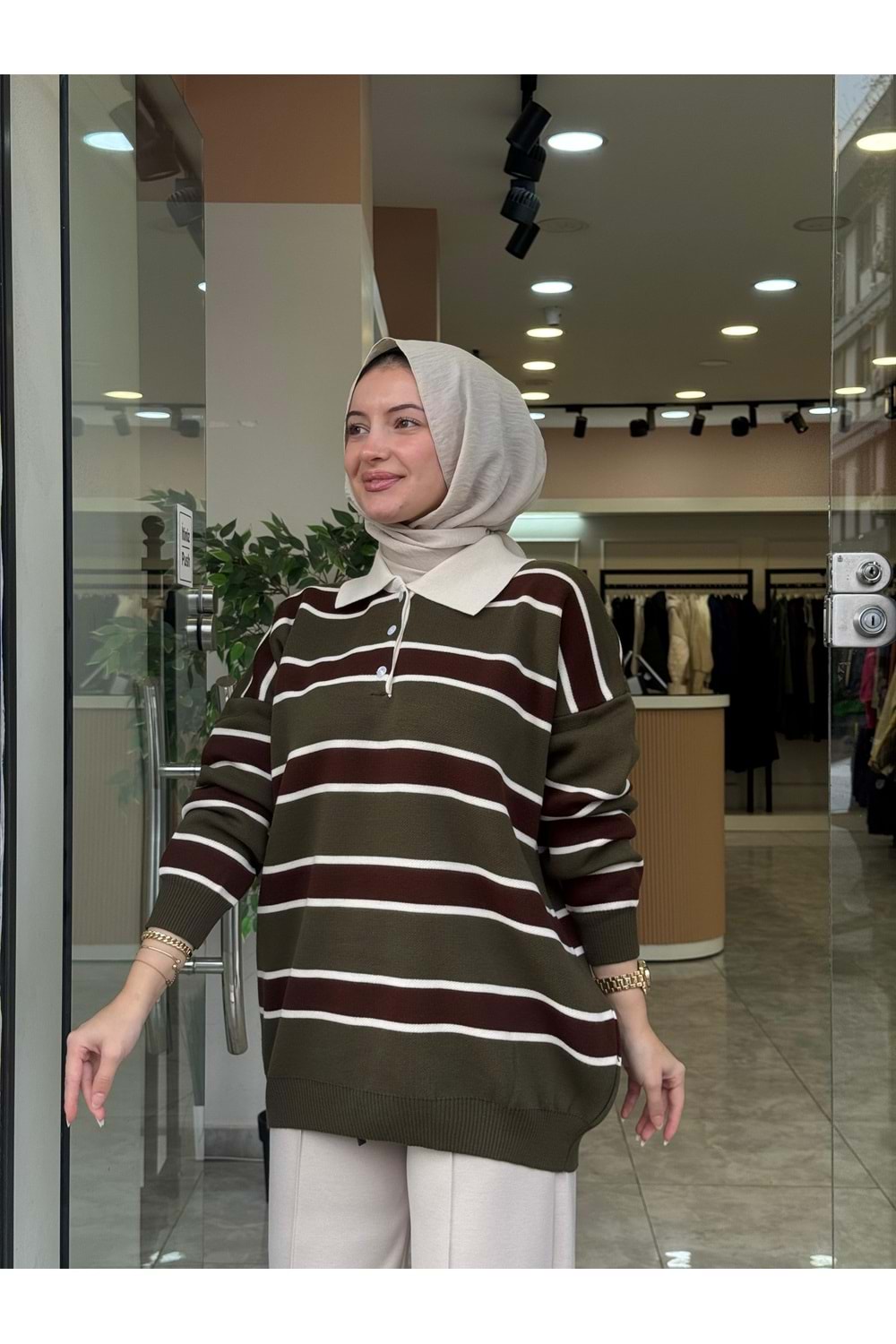 TRİKO İNCE ÇİZGİ KAZAK - YEŞİL - STD