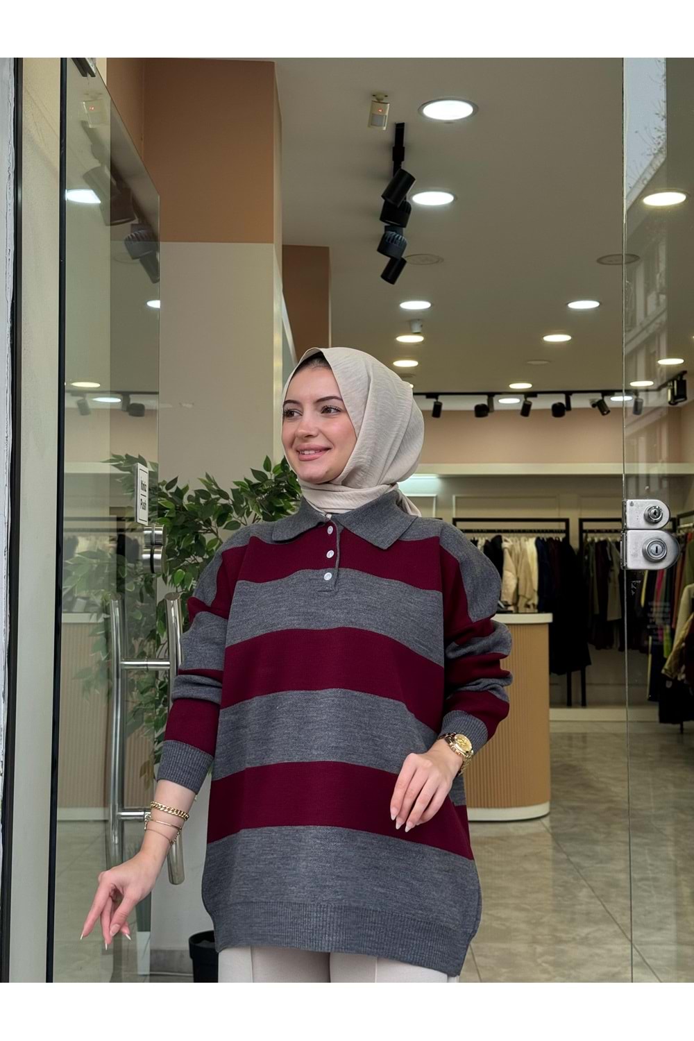 TRİKO KALIN ÇİZGİ KAZAK - BORDO - STD