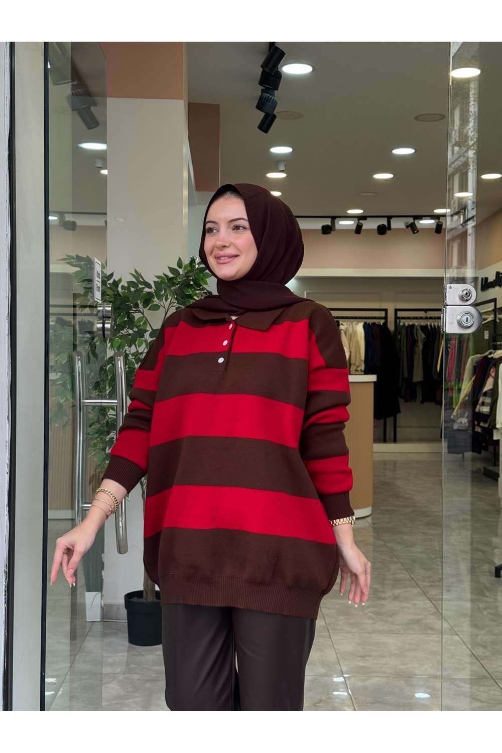 TRİKO KALIN ÇİZGİ KAZAK - KIRMIZI - STD