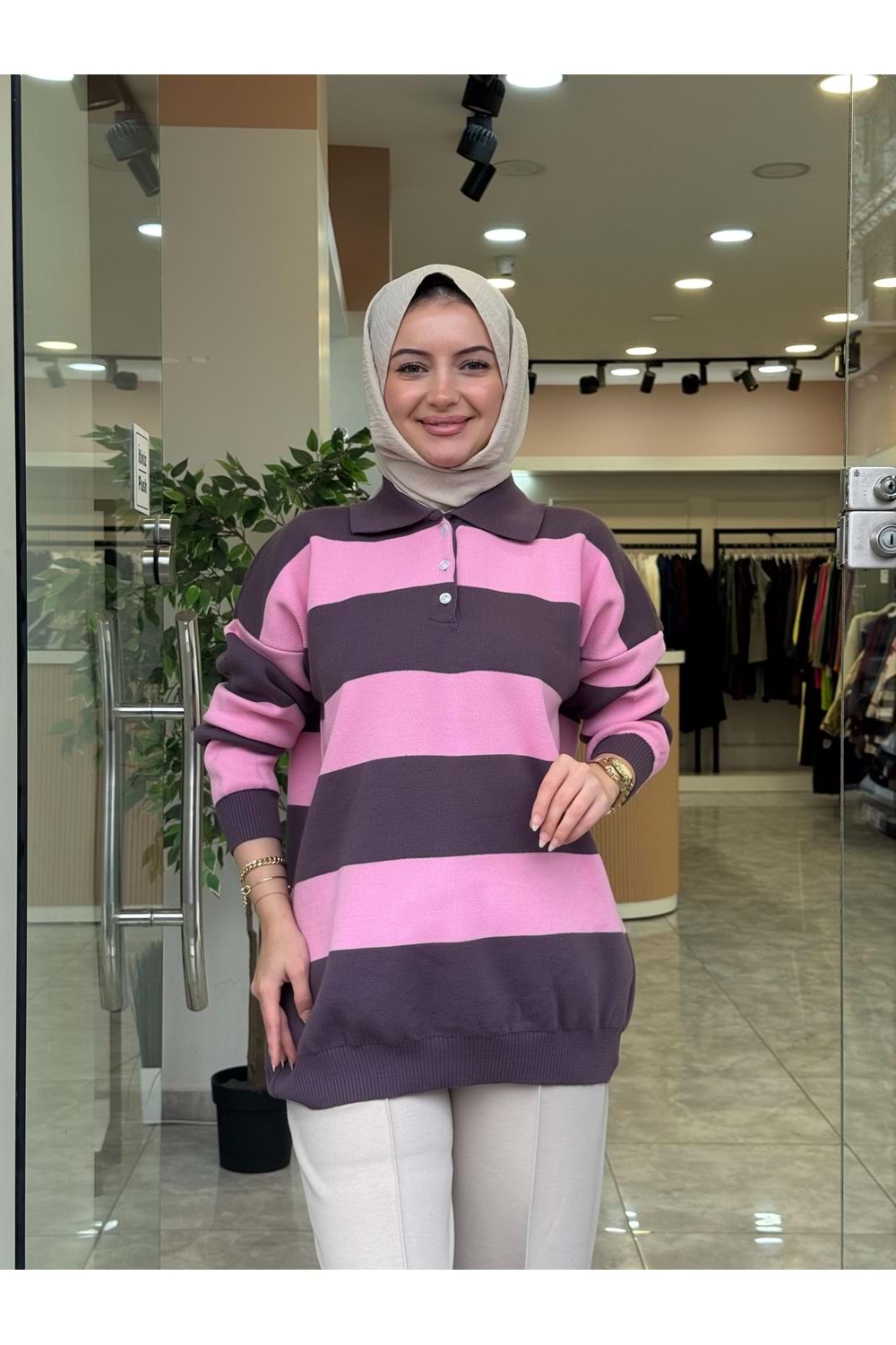 TRİKO KALIN ÇİZGİ KAZAK - PEMBE - STD