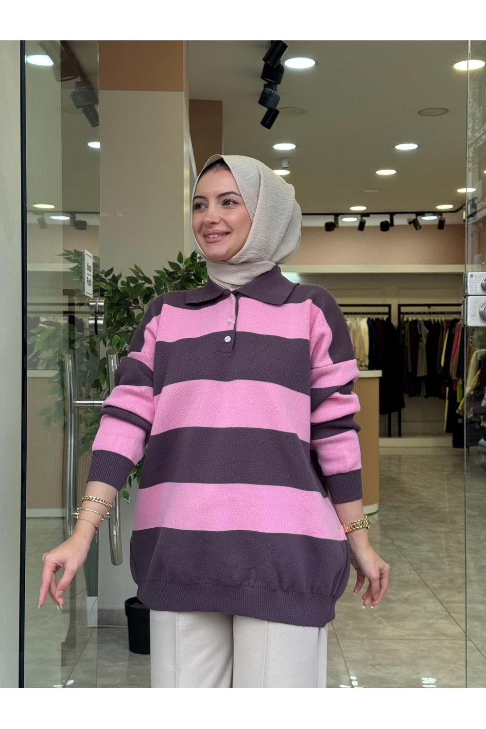 TRİKO KALIN ÇİZGİ KAZAK - PEMBE - STD