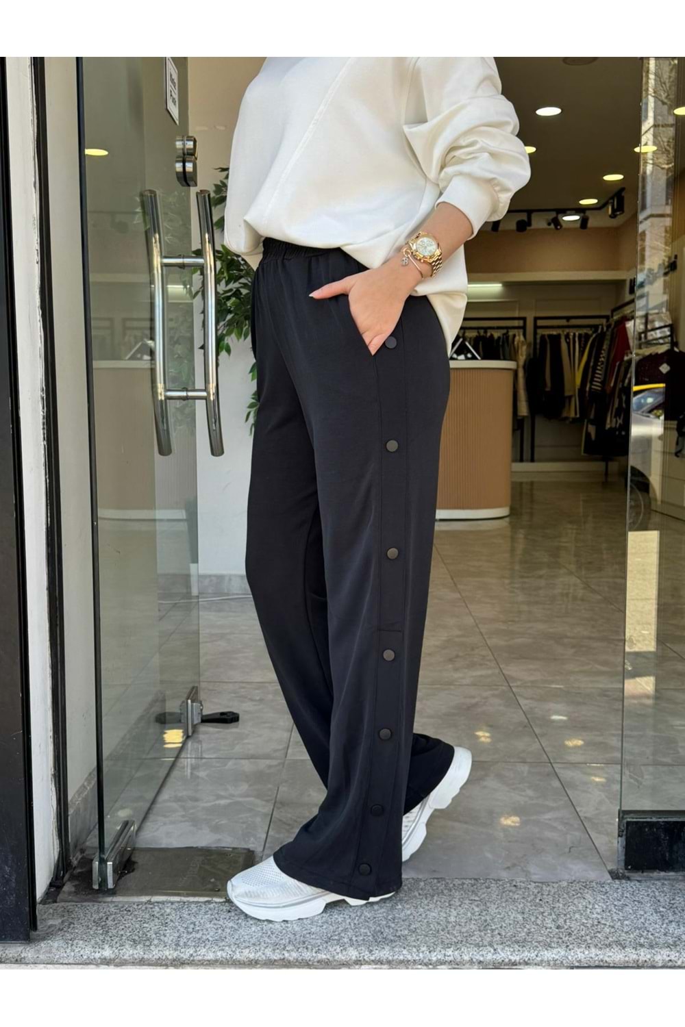 YAN DÜĞME OYŞO PANTOLON - SİYAH - L-XL