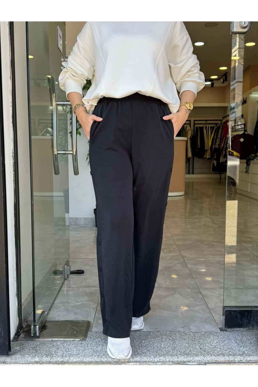 YAN DÜĞME OYŞO PANTOLON - SİYAH - L-XL