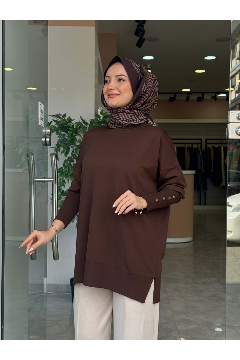 KOL GOLD DÜĞME MERSERİZE TUNİK - KAHVE - STD
