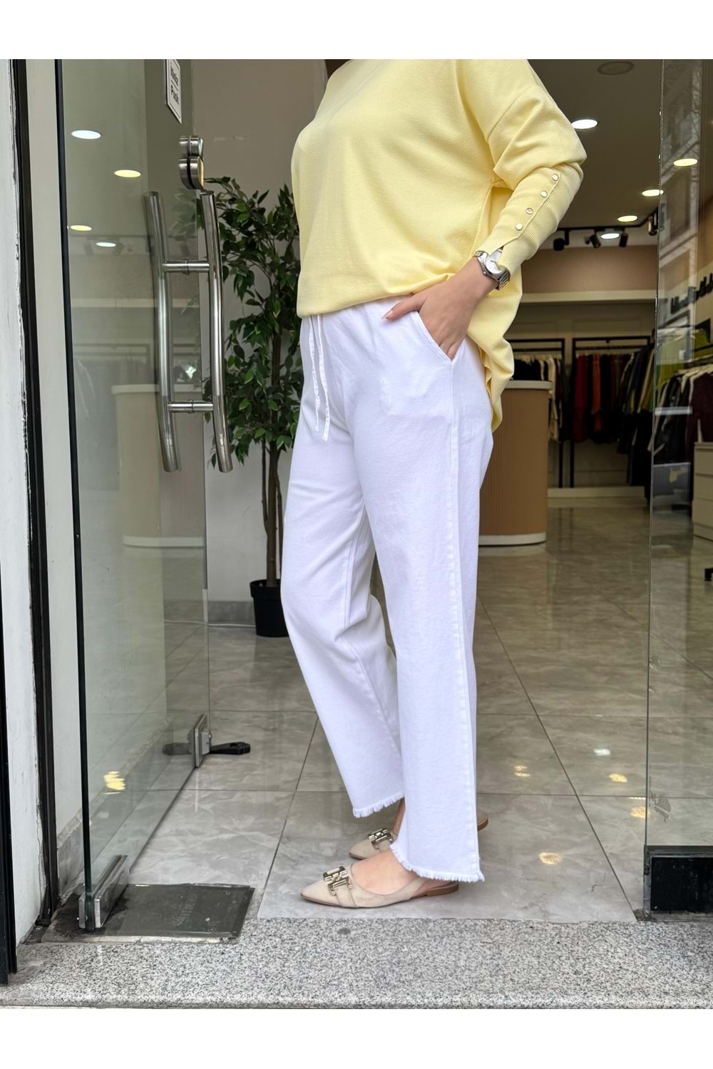 GABARDİN PÜSKÜL PANTOLON - BEYAZ - 42