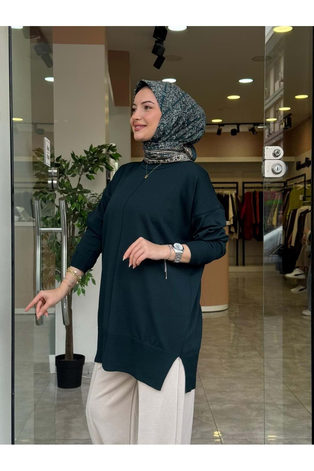 YAN YIRTMAÇ MERSERİZE TUNİK - ZÜMRÜT YEŞİLİ - STD