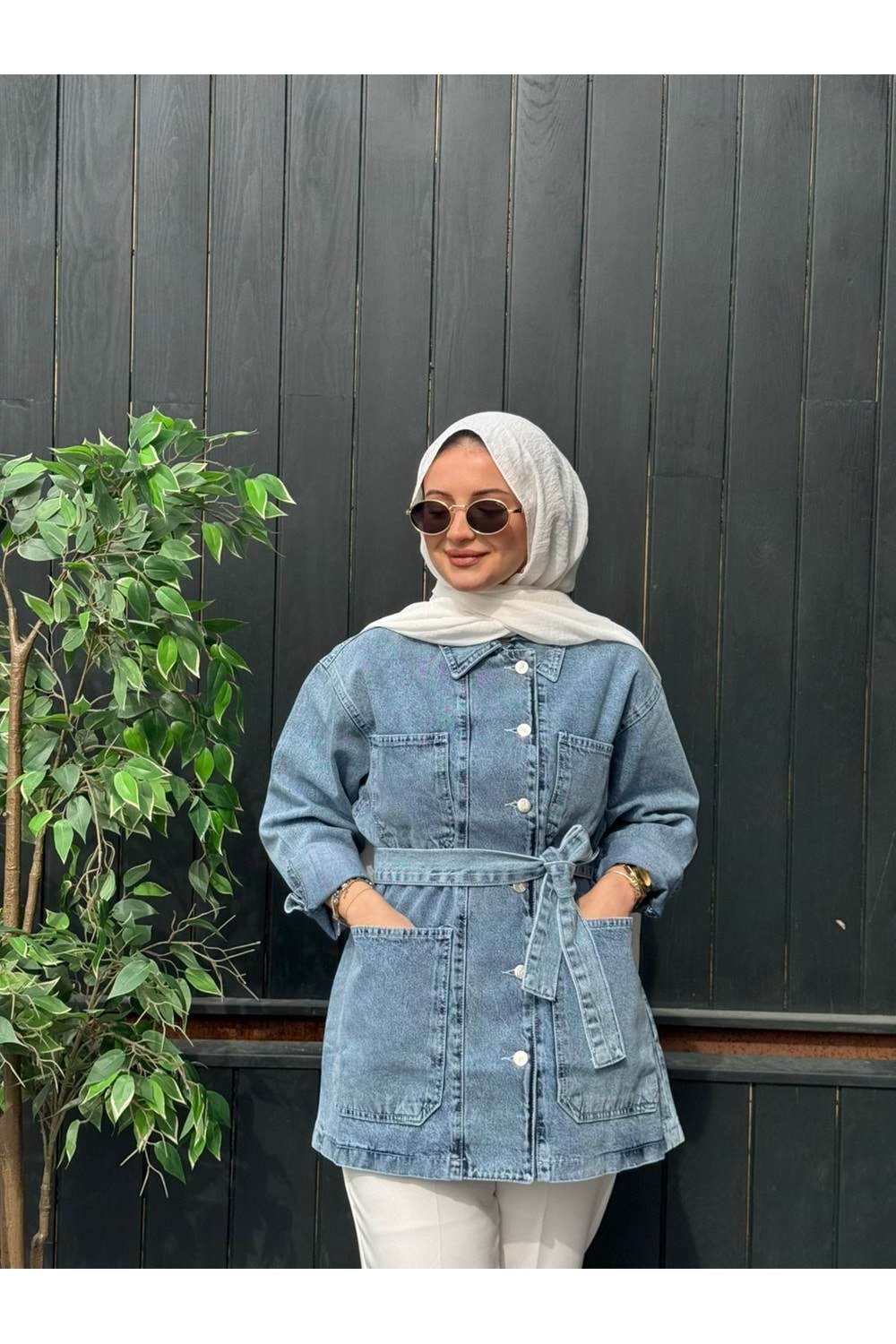 DÜZ KUŞAKLI KOT CEKET - MAVİ - L-XL