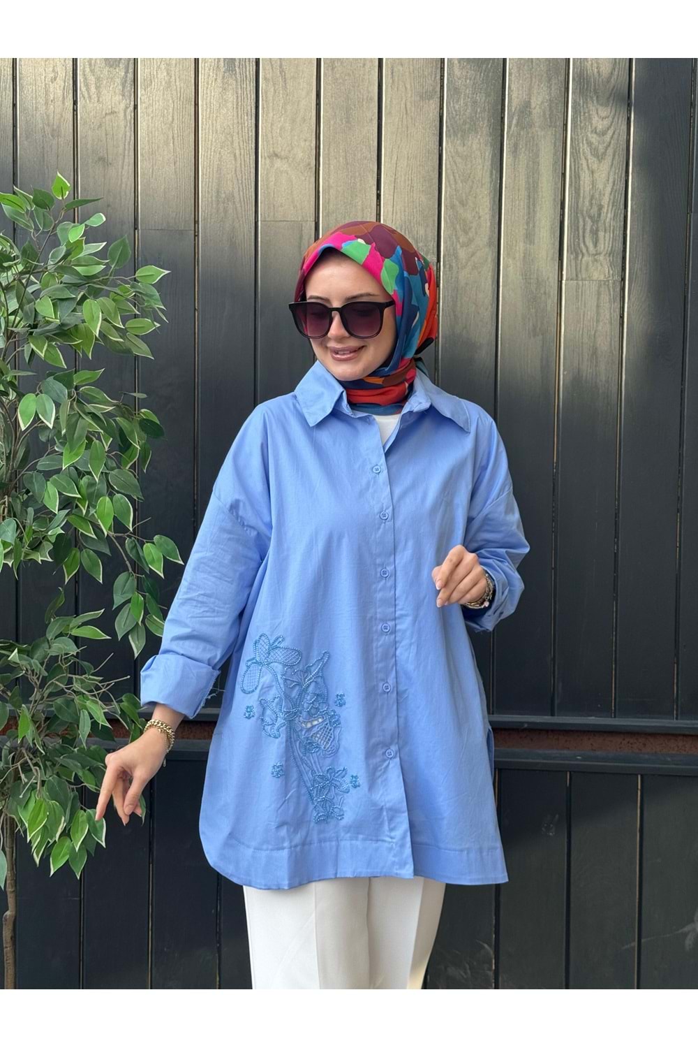 POPLİN İŞLEME GÖMLEK - MAVİ - L-XL