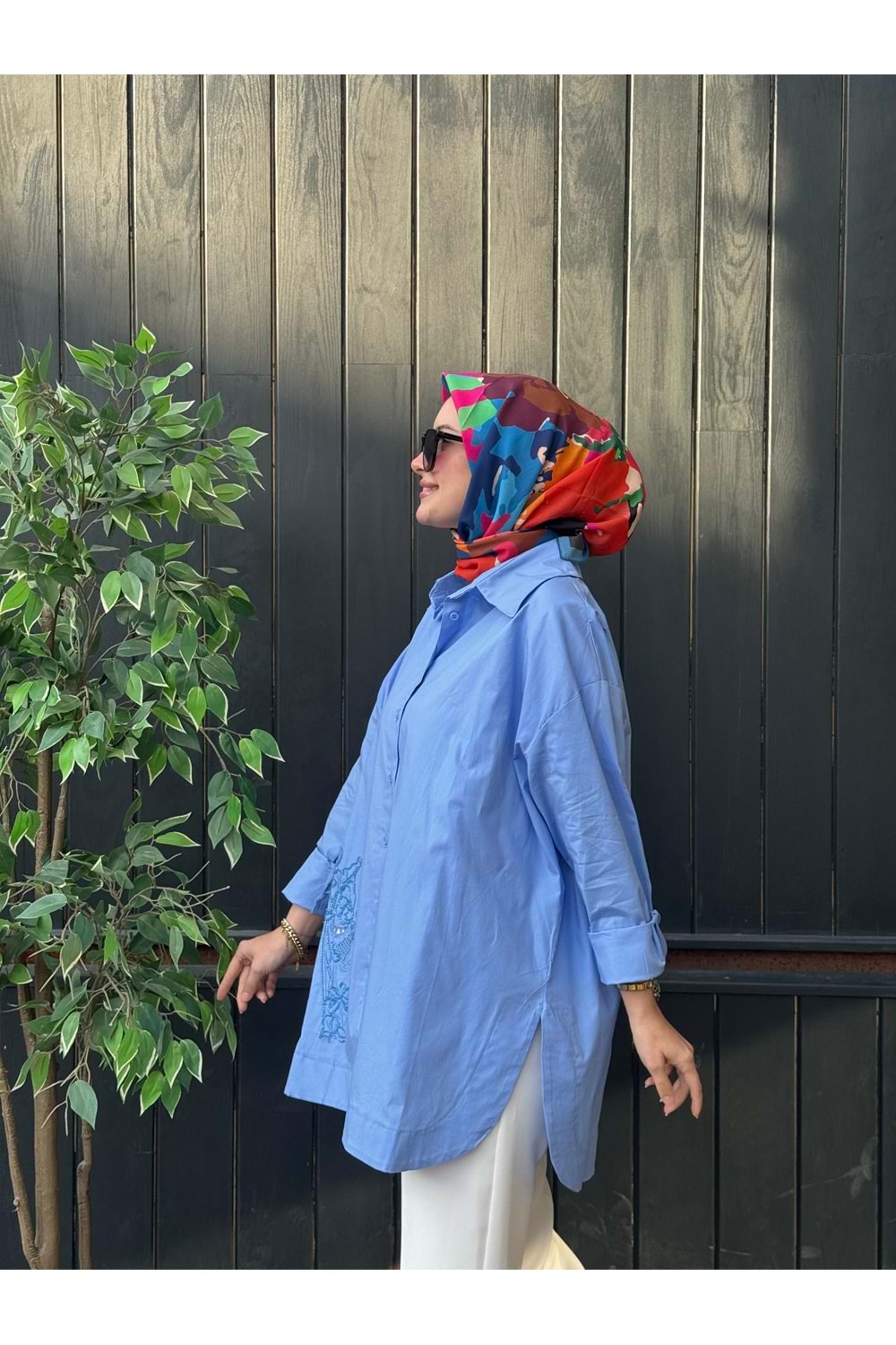 POPLİN İŞLEME GÖMLEK - MAVİ - L-XL