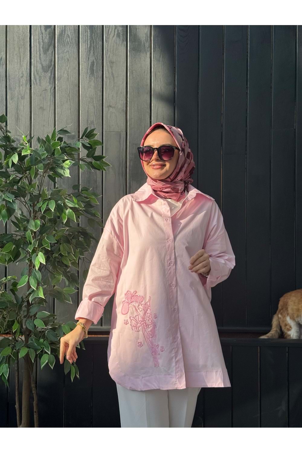 POPLİN İŞLEME GÖMLEK - PEMBE - L-XL