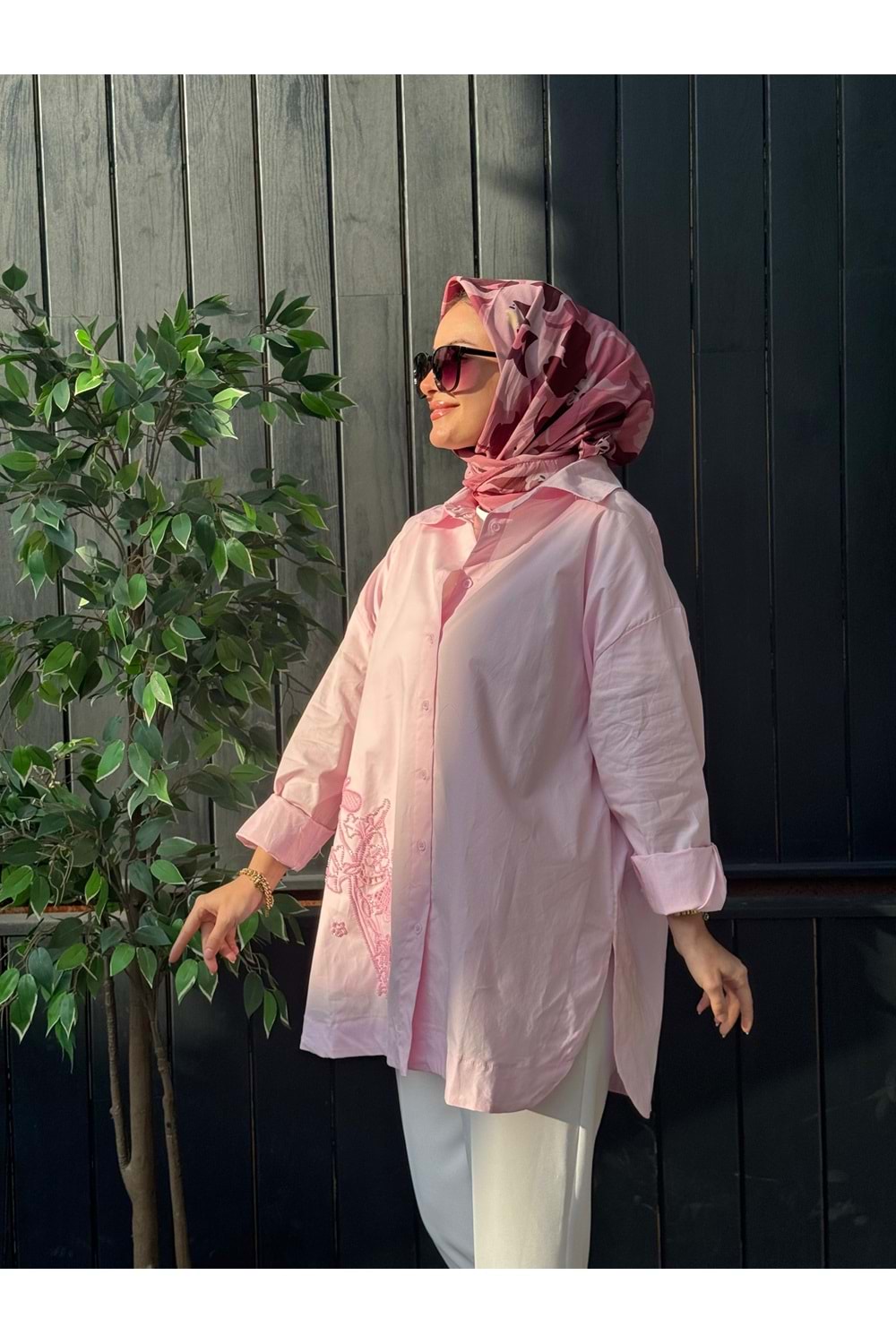 POPLİN İŞLEME GÖMLEK - PEMBE - L-XL