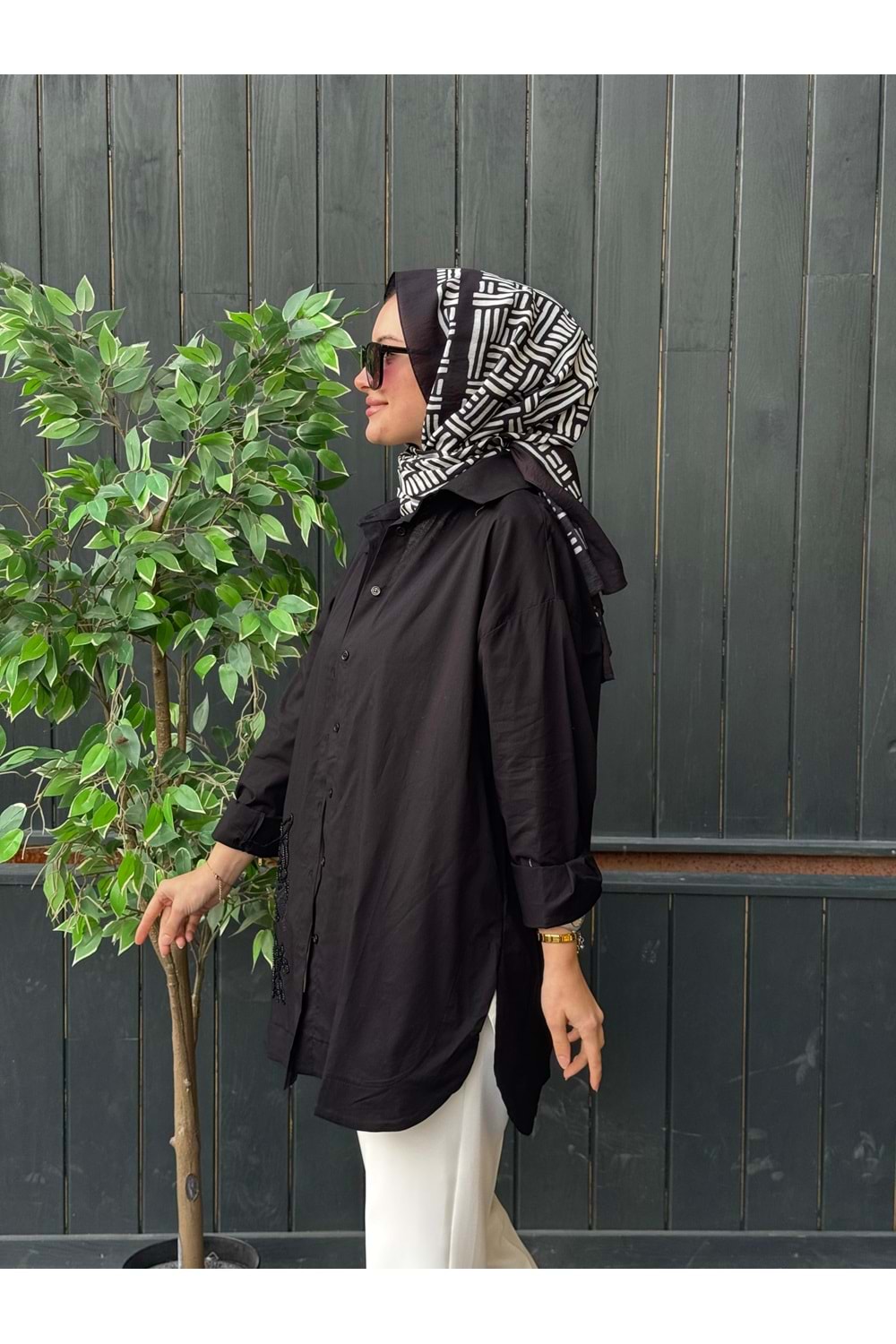 POPLİN İŞLEME GÖMLEK - SİYAH - S-M