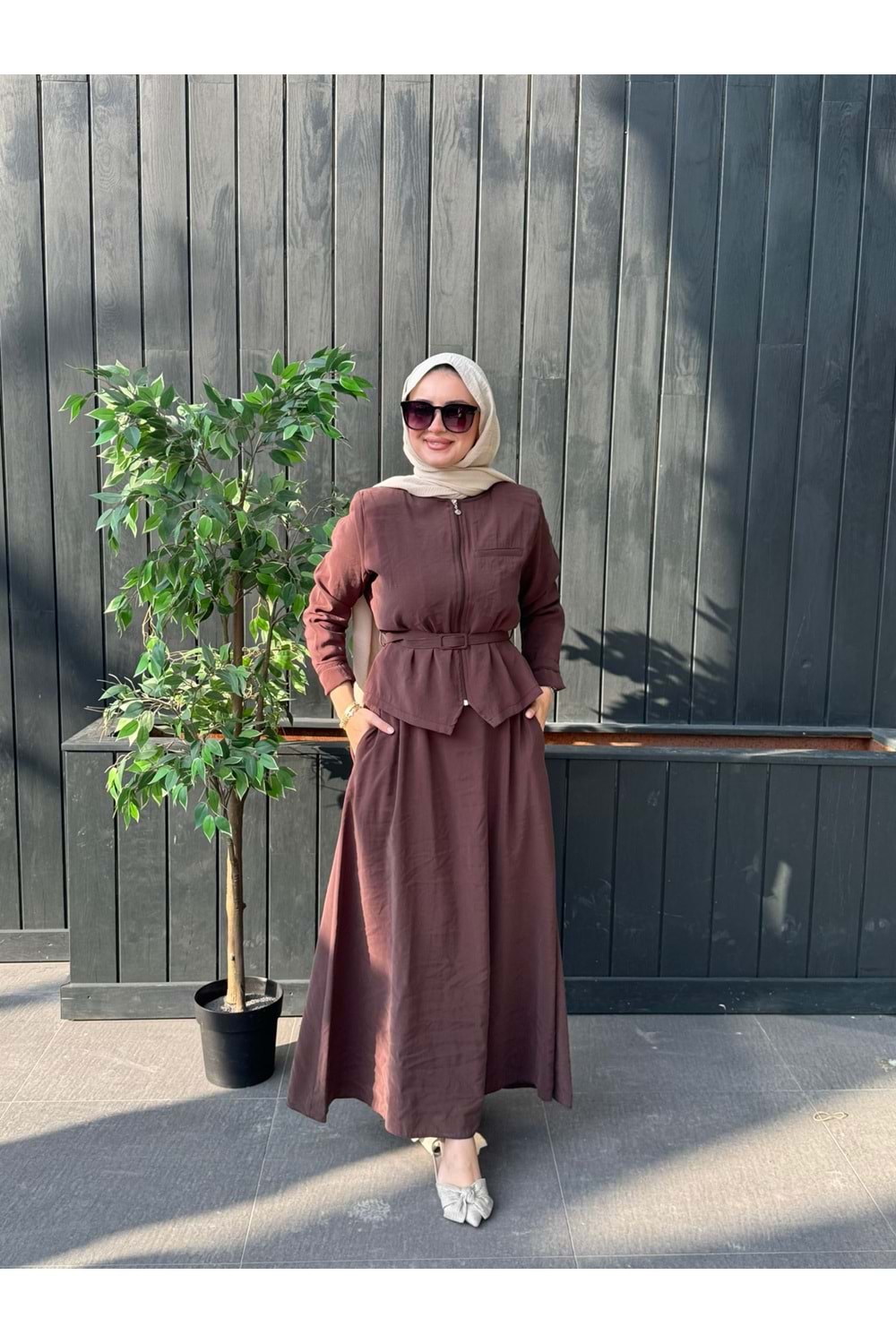 MODAL CUPRA KEMERLİ ELBİSE - KAHVERENGİ - XL