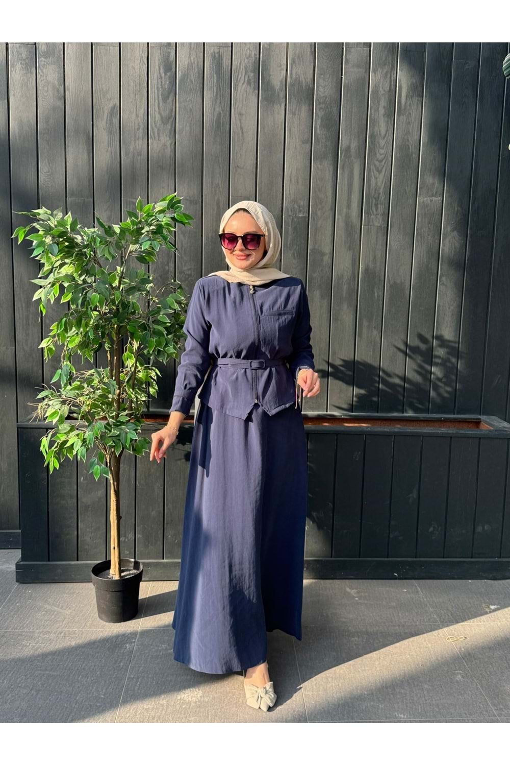 MODAL CUPRA KEMERLİ ELBİSE - LACİVERT - XL