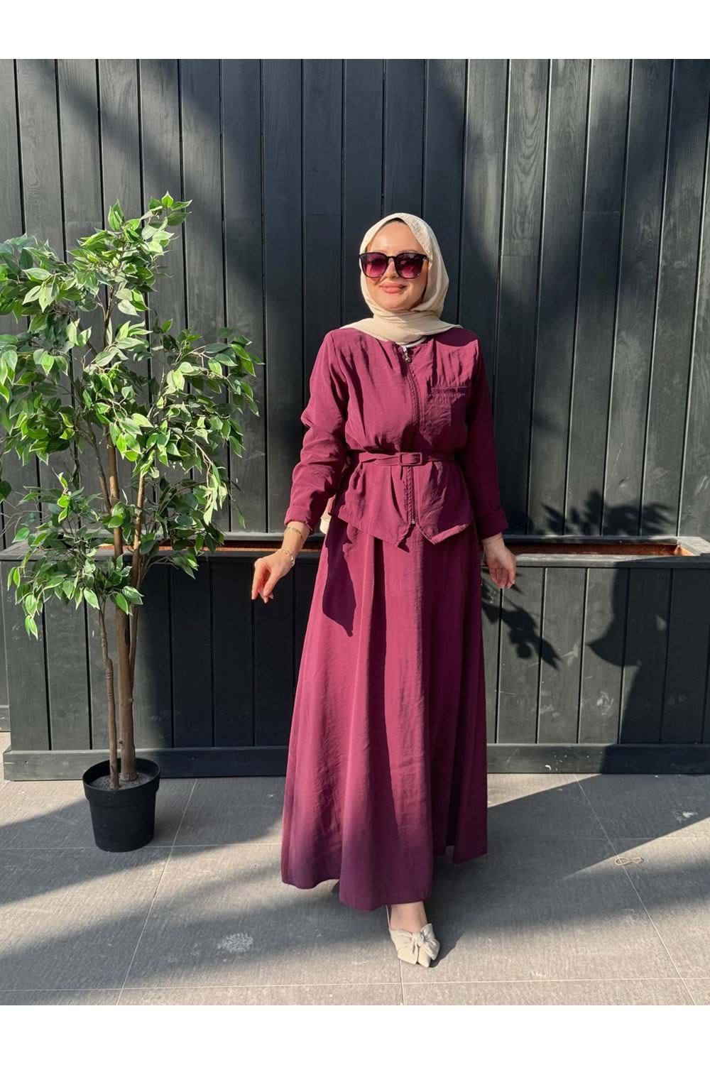 MODAL CUPRA KEMERLİ ELBİSE - MÜRDÜM - XL