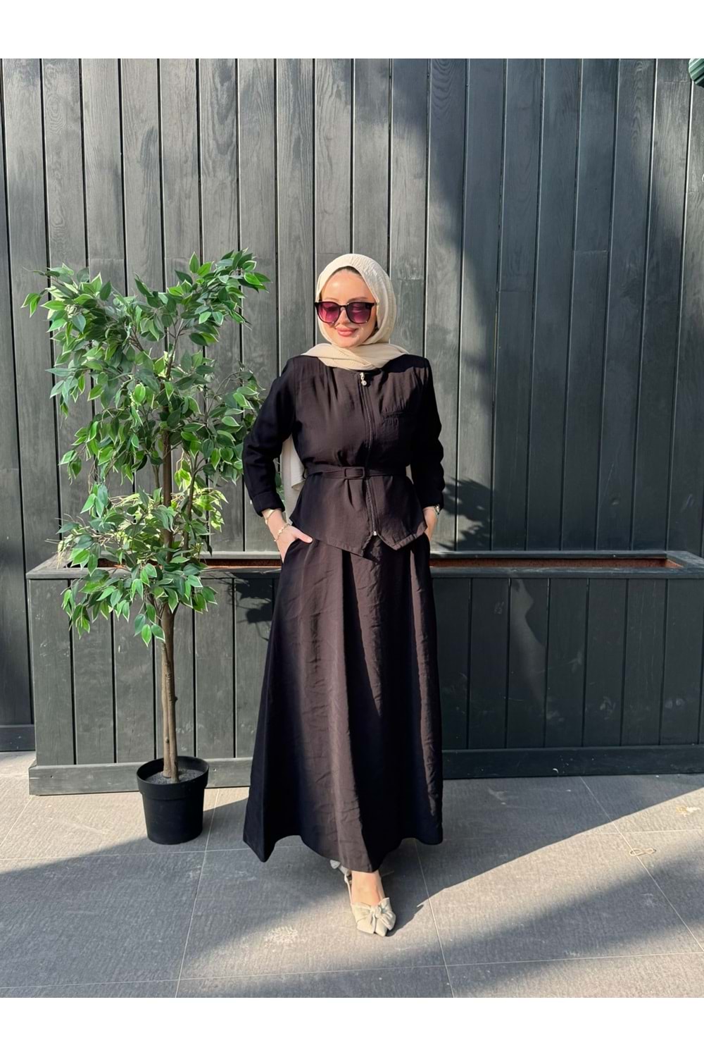 MODAL CUPRA KEMERLİ ELBİSE - SİYAH - XL