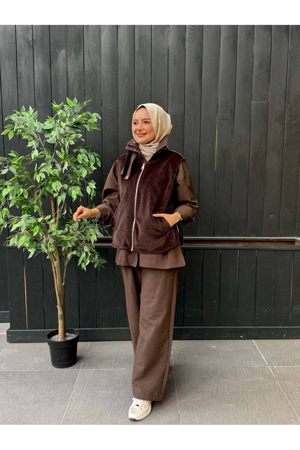 VELSOFT ÜÇLÜ YELEK TAKIM - KAHVE - L-XL