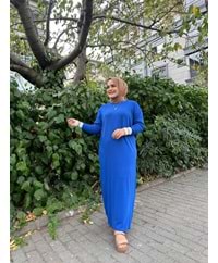 ŞERİT KOL MERSERİZE ELBİSE - SAKS MAVİSİ - STD