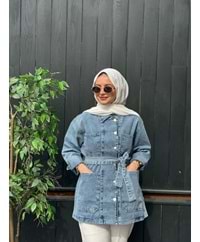 DÜZ KUŞAKLI KOT CEKET - MAVİ - L-XL